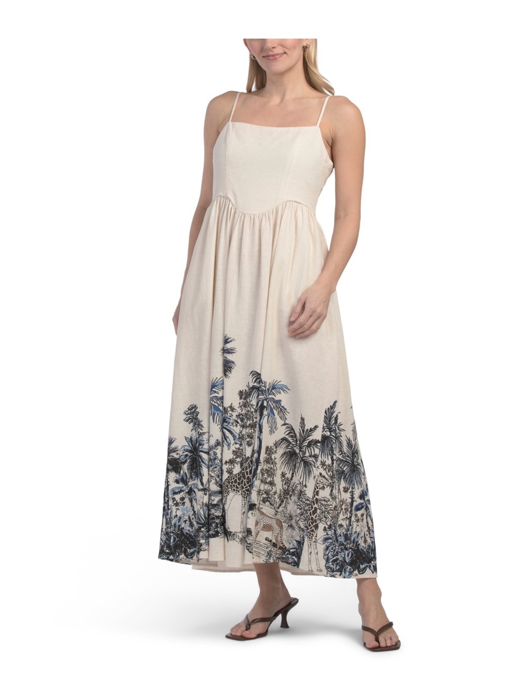 Calypso St. Barth Cream Maxi Dress with Navy Scenic Print